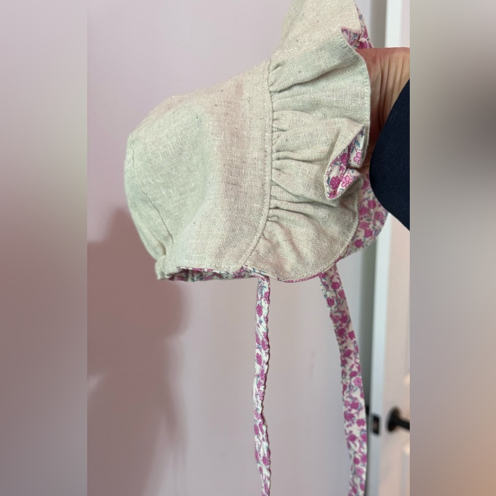 Handmade on Etsy- baby bonnet- linen and cotton